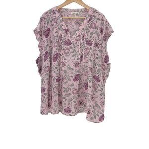 Coldwater Creek Floral Blouse 3X Pink Purple Green Short Sleeve Top